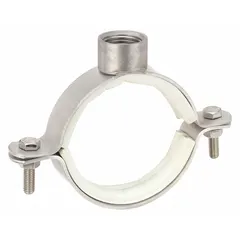 Cushioned split-ring hanger for supporting and suspending 3 in pipe. Constructed from 316 stainless steel with an EPDM rubber cushion to dampen vibration and protect the pipe surface. Designed for use with a 1/2 in BSP threaded rod. Suitable for industrial plumbing, HVAC, and process systems.