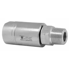 This MOSMATIC rotary union is a straight, single-passage rotating joint made of nickel-plated C38500 brass. It transfers air from a stationary supply line into rotating machinery at speeds up to 30 RPM. Typical applications include packaging, printing, and material handling equipment.