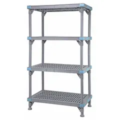 This stationary plastic shelving unit features a polypropylene frame and shelves with abrasive chemical-resistant properties. The four shelves are quick-adjustable, allowing flexible storage configurations. Suitable for industrial and laboratory environments where chemical resistance is required.