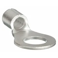 This non-insulated ring terminal is rated for 600 V and accepts wire sizes from 22 AWG to 16 AWG. It features a 3/8 in stud size for secure termination to studs or screw terminals. Commonly used in industrial control panels, machinery wiring, and power distribution systems where vibration-resistant connections are required.