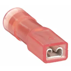 Red nylon fully insulated female quick disconnect socket with full coverage insulation. Accepts 22 AWG to 16 AWG wire sizes. Used for making secure, insulated electrical connections in control panels, appliances, and automotive wiring.