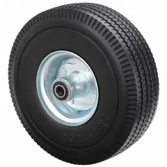 This flat-free polyurethane foam wheel from MARASTAR has a 10 1/2-inch diameter and 3-inch width, supporting up to 350 lb. The tire sidewall number is 4.10/3.50-4. Designed for industrial carts, hand trucks, and light-duty material handling equipment, its foam construction eliminates punctures and requires no air pressure.