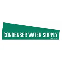 Green adhesive pipe marker with white legend text reading 'Condenser Water Supply'. Fits pipe outer diameters from 2-1/2 to 7-7/8 inches. Sold in a 5-pack. No directional arrows. Used to identify condenser water supply lines in piping systems.