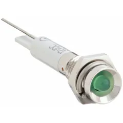 Green LED indicator pilot light with a protruding head for 6 mm panel mounting hole. Features lead wires for soldering connection. Used as a status indicator on industrial control panels, machinery, and automation systems.
