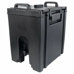 This black rectangular beverage dispenser is made of polyethylene and has an 11.8-gallon capacity. It is a single-dispenser unit suitable for serving drinks in cafeterias, buffets, and catering operations.