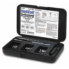 This thread repair kit includes helical inserts and an STI tap for restoring damaged M6-1.00 coarse threads in metal components. The inserts are made from 18-8 stainless steel with a plain finish, suitable for right-hand thread applications. Commonly used in maintenance and repair of threaded holes in metal assemblies.