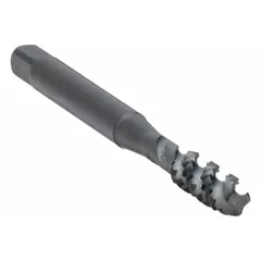 General purpose spiral-flute tap for threading blind holes. The spiral flute design lifts chips upward, aiding evacuation in ferrous and non-ferrous materials. Features H3 / 3B tolerance, semi-bottoming chamfer, and black oxide cobalt finish. 3-flute configuration.