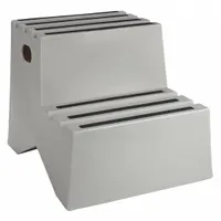 Gray plastic box step stool with two steps, 1.6 ft overall and standing height, rated for 500 lb load capacity. Used for safe elevated access to shelves, equipment, or work areas in industrial, warehouse, and commercial settings