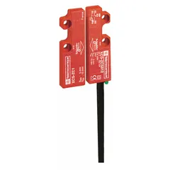 DC safety-interlock switch from the XCSDM Series with 2 normally-closed contacts and an integrated LED indicator. Pre-cabled termination simplifies installation. Used to monitor the position of movable guards, doors, or covers on industrial machinery.