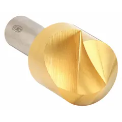 This 82° countersink features a single-flute design for fast, chatter-free cutting in steel, aluminum, and other metals. The TiN-coated high-speed steel construction provides extended tool life, while the 1-flute geometry enables aggressive chip evacuation and high feed rates. It is used to create conical recesses for flat-head screws and for deburring holes in machining and metalworking applications.