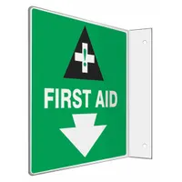 This L-shape projection first aid sign is designed to mark first aid stations or equipment in industrial facilities. It features an 8 in x 8 in nominal size with mounting holes for secure wall attachment. The sign is made of PETG and is not retroreflective, not glow-in-the-dark, and has no anti-slip surface