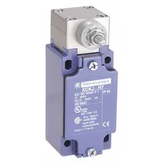 Rotary-motion limit switch with rotary lever actuator, metallic X body style, and 90° total travel. Features screw clamp terminals and DPDT contacts. Used for position sensing in industrial automation, such as conveyor systems and packaging equipment.
