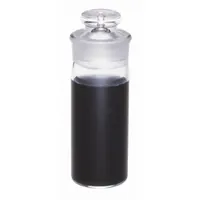 This KIMBLE specific gravity bottle has a 24 mL capacity and a narrow mouth with a ground-glass stopper. The colorless glass body measures 82 mm in height. It is used for precise density determinations of liquids in analytical and quality control laboratories