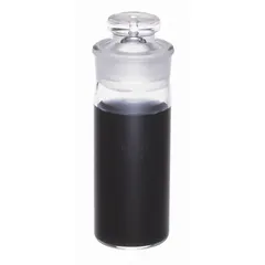 This KIMBLE specific gravity bottle has a 24 mL capacity and a narrow mouth with a ground-glass stopper. The colorless glass body measures 82 mm in height. It is used for precise density determinations of liquids in analytical and quality control laboratories.