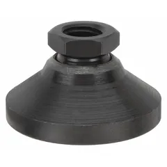 Steel swivel female leveling mount with black oxide-coated finish. Thread size 3/8"-16, base diameter 1.25 in, load capacity 3,750 lb. Used for leveling and stabilizing machinery, workbenches, and heavy equipment.