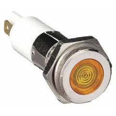 This yellow LED indicator pilot light features a flush head for low-profile mounting in 12 mm panel holes. It uses a 0.11 male quick disconnect electrical connection. Typical applications include industrial control panels and machinery for status indication.