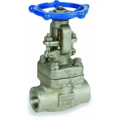 This SHARPE gate valve features a rising stem design with a 316L stainless steel bonnet and a 316 stainless steel wedge. It has a 1-inch socket x FNPT connection and a 1600 psi CWP rating, operated by a handwheel. Suitable for on/off flow control in high-pressure piping systems.