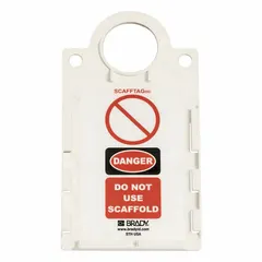 Rectangular plastic tag measuring 6 in wide by 11 1/4 in high, with black/red/white coloring and English text. Supplied in a 10-pack. Used to mark scaffolding as unsafe or incomplete, warning personnel of hazards.