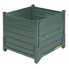 This STEEL KING solid steel bulk container measures 45 in x 48 in x 42 in and has a 28.3 cu ft capacity. It features vented walls, one drop door, and 4-way fork entry with fork pockets. The container is stackable and collapsible, and is finished in green. It is used for storing and transporting heavy parts, raw materials, or finished goods in warehouses and manufacturing facilities.