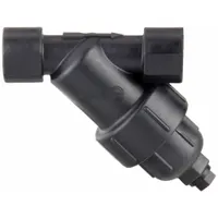 Polypropylene Y strainer with 3/4 in NPT connections and a 40 mesh 304 stainless steel screen. EPDM seal material. Measures 6 in height by 6 in length. Used to filter debris from liquids in piping systems, protecting downstream equipment