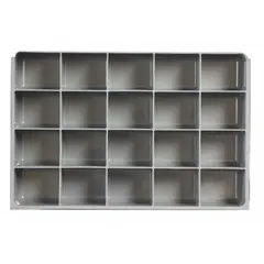 Gray insert for Large Compartmented Boxes, providing 20 fixed compartments each measuring 3-7/16 in x 2-27/32 in. Designed to organize small parts such as fasteners, fittings, and electronic components in industrial workshops and maintenance facilities. Compatible with DURHAM MFG model 123-95.