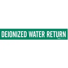 This adhesive pipe marker identifies deionized water return lines. It features a green background with white legend text and fits pipe outer diameters from 2-1/2 to 7-7/8 inches. The marker is supplied without directional arrows. Suitable for industrial piping systems requiring clear content identification.