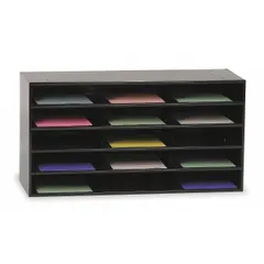 Steel literature sorter with 15 compartments for organizing mail, documents, and literature. Overall depth 11 3/4 in, width 33 7/8 in. Suitable for mailrooms, offices, and administrative areas.