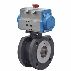 Carbon steel pneumatically-actuated two-way ball valve with flange x flange connections. Designed for on/off flow control in industrial piping systems. Pilot solenoid voltage: 110V AC. Suitable for applications requiring reliable shut-off in carbon steel pipelines.