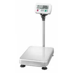 This food scale features an LCD display with readability of 0.02 lb/0.01 kg. It has a weighing surface width of 15 3/8 inches and depth of 20 7/8 inches. The IP68 rating allows for washdown cleaning in wet environments. An RS-232C port enables data transfer to external devices.