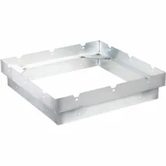 This galvanized steel roof-curb adapter allows a 22-inch fan base to be mounted on a 20-inch roof curb. Designed for upblast fans, it includes eight 1/4-20 Tinnerman speed nuts for installation. Commonly used in ventilation system retrofits or replacements where fan base and curb sizes differ.