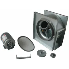 Belt-drive blower with drive pack, delivering 1020 cfm at 1/2 hp. Features a totally enclosed motor for protection in dusty environments. Suitable for industrial ventilation, exhaust, and air movement in ducted systems. Rotates counterclockwise (CCW). Voltage: 208-230/460V AC.