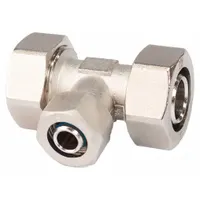 This brass compression reducer fitting is used in compressed air systems to connect and reduce tubing sizes. It features two 1 in OD ports and one 1/2 in OD port, enabling a reduction from a 1 in line to a 1/2 in branch. Suitable for pneumatic distribution in industrial plants