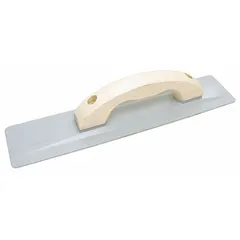 This concrete hand float features a square magnesium blade with a broken-in finish, designed for smoothing and finishing concrete surfaces. The magnesium construction provides corrosion resistance and reduced weight. Suitable for use on slabs, sidewalks, and other flatwork.