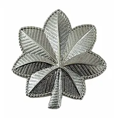 Metallic insignia with a leaf design in silver finish. Constructed of metal with a pin and safety catch attachment. Suitable for displaying rank on uniforms in ceremonial, dress, or service settings.