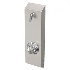 This shower faucet panel includes a fixed showerhead and is supplied as a complete assembly. Overall dimensions: 28 5/8 in height, 7 1/2 in width, 3 in depth. Suitable for commercial or institutional shower installations.