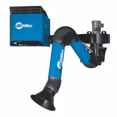This wall-mount fume extractor features a single-arm design with a 10 ft reach and self-cleaning MERV 16 filter. It operates on 120V nominal input voltage and is used for capturing airborne contaminants at the source in industrial environments such as welding stations.