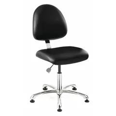 Armless office chair with black vinyl upholstery and silver finish on select components. Back height 16 in, seat width 20 in, seat depth 18 in. Suitable for workstations, assembly lines, labs, and control rooms.