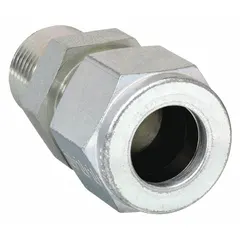 This double-ferrule steel compression fitting adapter connects 3/8 in OD tubing to a 1/4 in male NPT pipe port. It features a Compression x MNPT configuration with 9/16-20 thread size. Suitable for use in instrumentation, hydraulic, and pneumatic systems requiring leak-free connections.