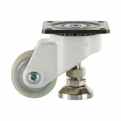 This medium duty leveling plate caster from FOOT MASTER features a 63 mm diameter polyurethane tread wheel and a 98 mm mounting height. The white frame supports applications such as workstations, light machinery, and equipment racks where floor protection and quiet operation are required.