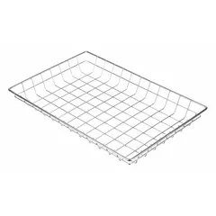This storage basket is constructed from steel with a chrome-plated silver finish. It is designed for organizing and displaying parts, tools, or components in industrial machining environments, workshops, assembly lines, and inventory storage areas.