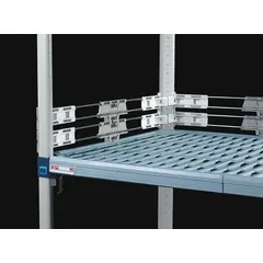 This polymer ledge with stainless steel components attaches to plastic shelving to prevent items from falling off the back. It includes two dividers for side-to-side organization. Color: Taupe. Dimensions: 2 in x 36 in.