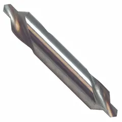 This KEO bell-tip center drill is a double-end tool with a 60° angle and 1-7/8 in overall length, made from cobalt. It is used to create precise conical starting holes in workpieces for lathe turning or grinding operations.