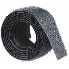 Single-sided hook roll made of nylon, black in color. Sew-on type for permanent attachment to fabric or other materials. Overall width 1 inch, length 75 feet. Used for bundling cables, securing panels, and attaching components in manufacturing, maintenance, and assembly operations.