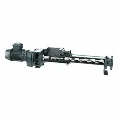 Progressive cavity pump with motor drive, featuring a service-in-place rigid stator design. Handles diesel, gasoline, kerosene, oil, oil-based paint, and water. Suitable for industrial fluid transfer applications requiring consistent, low-pulsation flow.