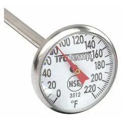 Analog stem thermometer with 1 in dial, 1/8 in diameter, and 5 in overall length. Stainless steel case, plastic lens, ±2 °F accuracy. NSF Certified and metal detectable for food safety applications.