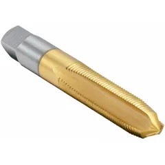 General purpose hand tap for cutting internal threads in through holes. Features H3 tolerance, plug chamfer, and TiN coating on high speed steel for wear resistance. Suitable for manual tapping operations in steel and other materials.