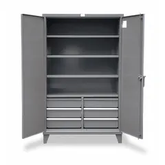 Stationary welded-steel cabinet with four adjustable shelves and drawers. Dark gray baked enamel finish, 12 ga panel thickness, swing handle and padlock hasp. Suitable for organized storage of tools, parts, and supplies in workshops and warehouses.