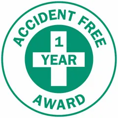 2-inch diameter, non-reflective, English-language circle label for recognizing one-year accident-free milestones on hard hats. Pack of 4. Suitable for use in industrial safety programs and facility identification.