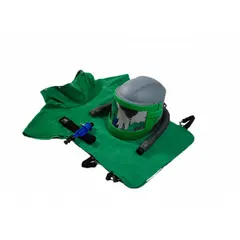 Intrinsically safe supplied-air respirator assembly from the Nova 3 series. Includes a Cool Air Tube and XL Leather Cape. Designed for respiratory protection in abrasive blasting and industrial surface preparation environments.