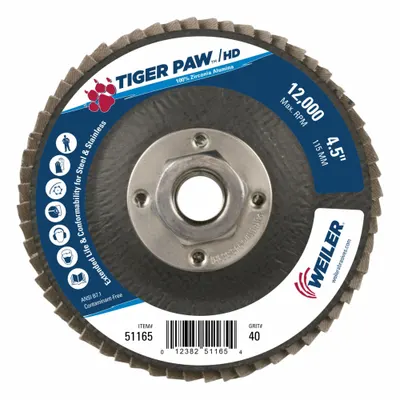 WEILER Flap Disc: Type 27, 4-1/2" x 5/8"-11, Zirconia Alumina, 40 Grit, Phenolic Bk - High-Performance Flap Discs for Carbon & Stainless Steel